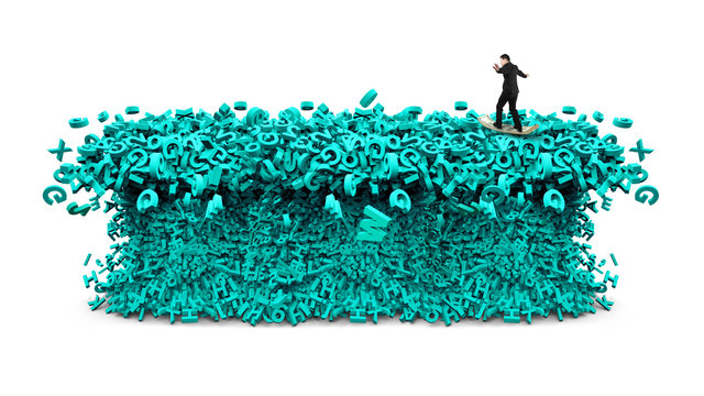 Big data driving concept. Surfing business man riding dollar bill surfboard on tsunami wave of computer data, huge amount of numbers and letters, isolated on white background.