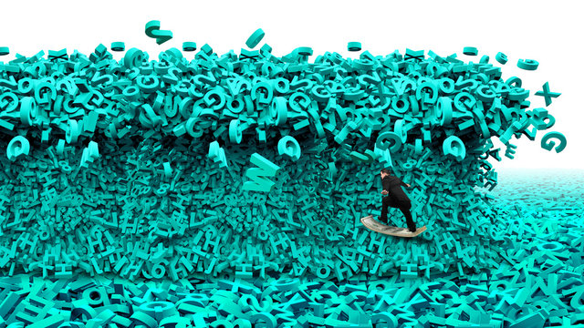 Big data driving concept. Surfing business man riding dollar bill surfboard with the tsunami wave of computer data, huge amount of numbers and letters, isolated on white background.
