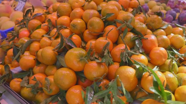 In Spain, the market on the counter fresh juicy beautiful fruits - mandarins with leaves, grapes, persimmon, pineapple, watermelons, melons, pears, peaches, strawberries and different types of apples.