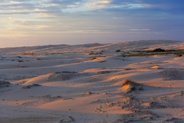 Beautiful glowing sunset over sand dunes near the ocean. Anna Bay, New South Wales, Australia