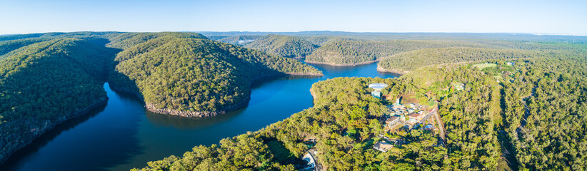Aerial panorama of scenic Lake Nepean and forested hills. Bargo, New South Wales, Australia