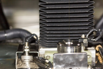 Close up high technology and precision mold cutting by cnc wire cut machine at factory