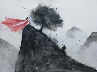 watercolor landscape hand drawn the man hiking mountain meet oriental woman .Traditional  asia art painting style.