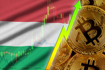 Hungary flag and cryptocurrency growing trend with many golden bitcoins