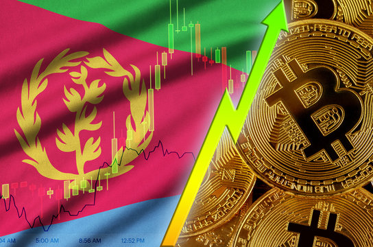 Eritrea flag and cryptocurrency growing trend with many golden bitcoins - Powered by Adobe