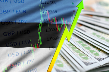 Estonia flag and chart growing US dollar position with a fan of dollar bills