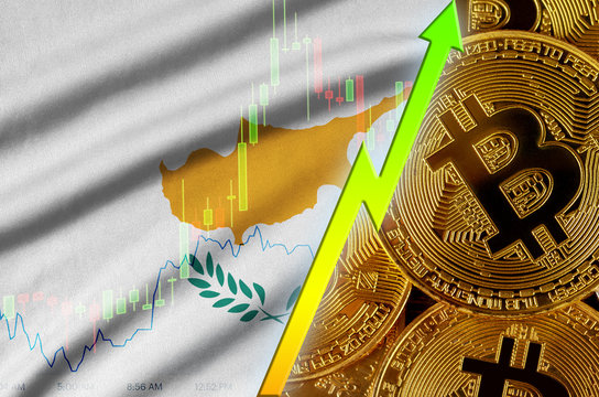 Cyprus flag and cryptocurrency growing trend with many golden bitcoins - Powered by Adobe
