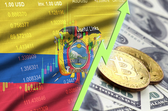 Ecuador flag and cryptocurrency growing trend with two bitcoins on dollar bills