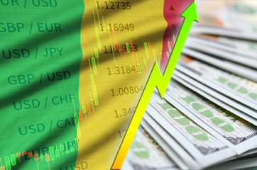 Mali flag and chart growing US dollar position with a fan of dollar bills
