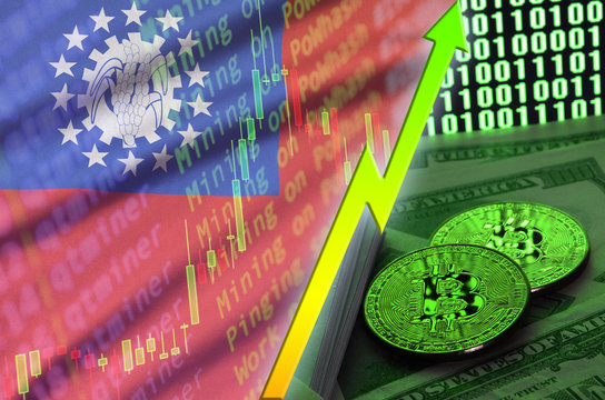 Myanmar flag and cryptocurrency growing trend with two bitcoins on dollar bills and binary code display - Powered by Adobe