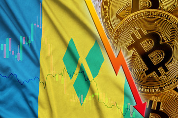 Saint Vincent and the Grenadines flag and cryptocurrency falling trend with many golden bitcoins