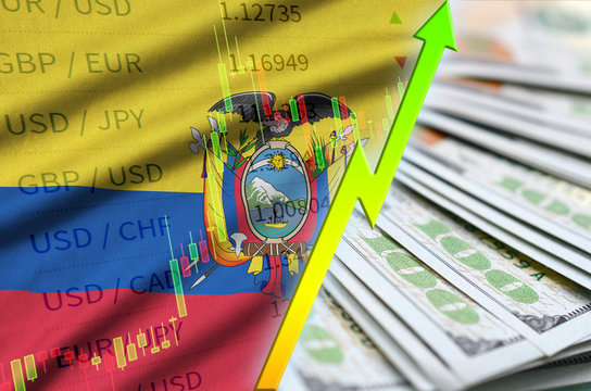 Ecuador flag and chart growing US dollar position with a fan of dollar bills
