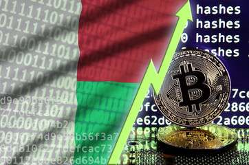 Madagascar flag and rising green arrow on bitcoin mining screen and two physical golden bitcoins