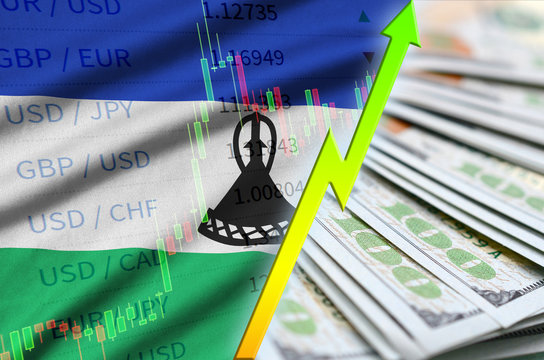 Lesotho flag and chart growing US dollar position with a fan of dollar bills