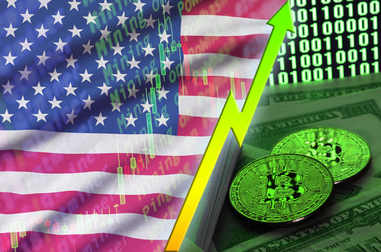United States of America flag and cryptocurrency growing trend with two bitcoins on dollar bills and binary code display - Powered by Adobe