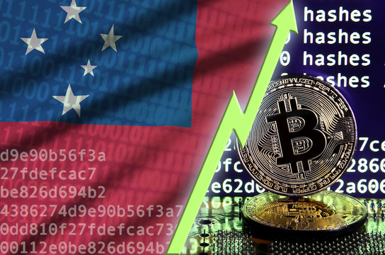 Samoa flag and rising green arrow on bitcoin mining screen and two physical golden bitcoins