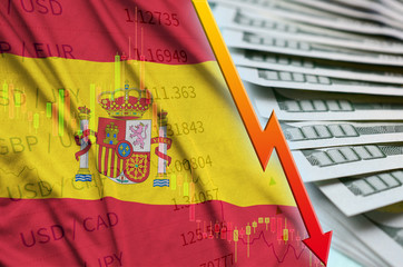 Spain flag and chart falling US dollar position with a fan of dollar bills
