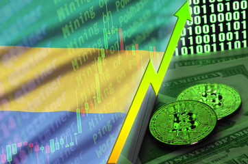 Gabon flag and cryptocurrency growing trend with two bitcoins on dollar bills and binary code...