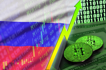 Russia flag and cryptocurrency growing trend with two bitcoins on dollar bills and binary code display