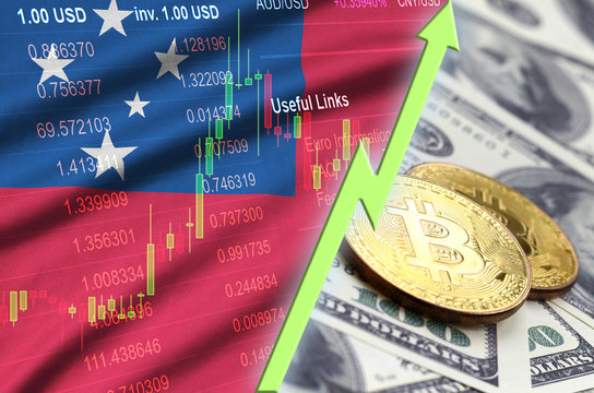 Samoa flag and cryptocurrency growing trend with two bitcoins on dollar bills