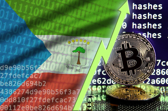 Equatorial Guinea Flag And Rising Green Arrow On Bitcoin Mining Screen And Two Physical Golden Bitcoins