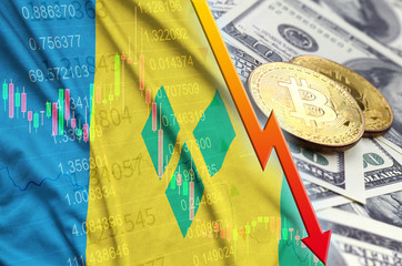 Saint Vincent and the Grenadines flag and cryptocurrency falling trend with two bitcoins on dollar...