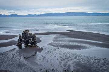 Landscape view of the Hvitserkur unique basalt rock in Iceland before rain storm. Iceland