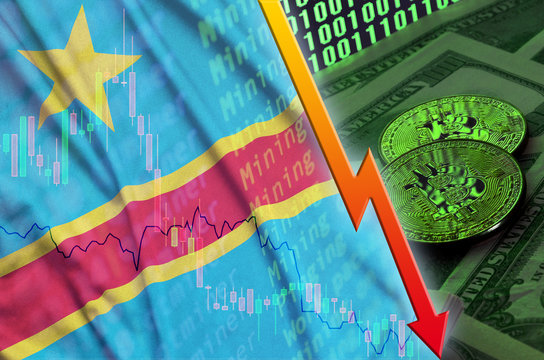 Democratic Republic of the Congo flag and cryptocurrency falling trend with two bitcoins on dollar bills and binary code display - Powered by Adobe