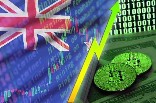 New Zealand flag and cryptocurrency growing trend with two bitcoins on dollar bills and binary code display