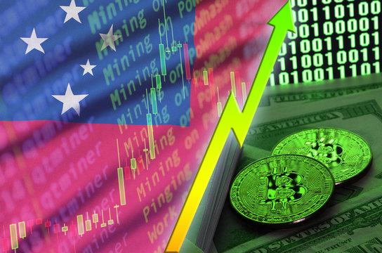 Samoa flag and cryptocurrency growing trend with two bitcoins on dollar bills and binary code display