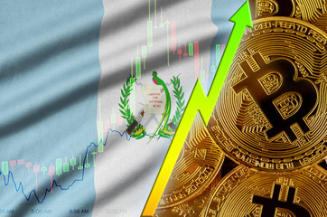 Guatemala flag and cryptocurrency growing trend with many golden bitcoins