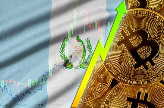 Guatemala flag and cryptocurrency growing trend with many golden bitcoins