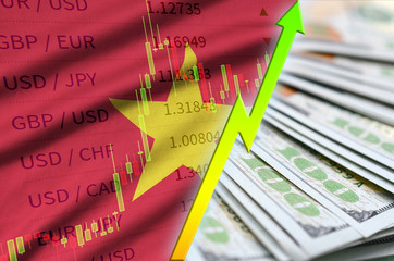 Vietnam flag and chart growing US dollar position with a fan of dollar bills
