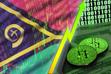 Vanuatu flag and cryptocurrency growing trend with two bitcoins on dollar bills and binary code display