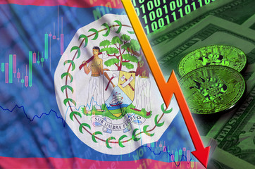 Belize flag and cryptocurrency falling trend with two bitcoins on dollar bills and binary code...