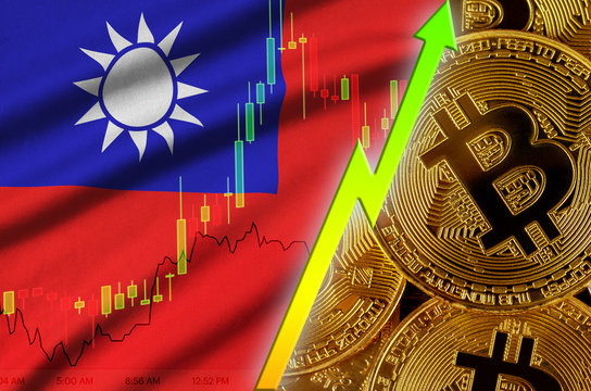 Taiwan flag and cryptocurrency growing trend with many golden bitcoins - Powered by Adobe