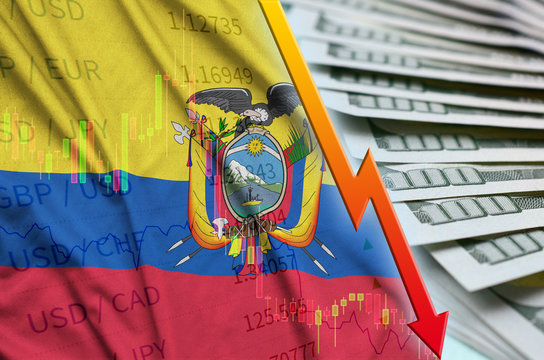 Ecuador flag and chart falling US dollar position with a fan of dollar bills - Powered by Adobe