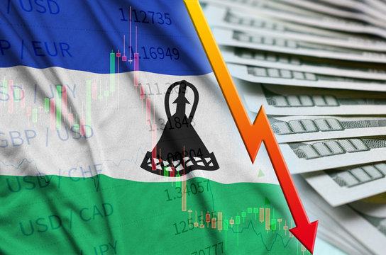 Lesotho flag and chart falling US dollar position with a fan of dollar bills