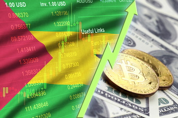 Sao Tome and Principe flag and cryptocurrency growing trend with two bitcoins on dollar bills