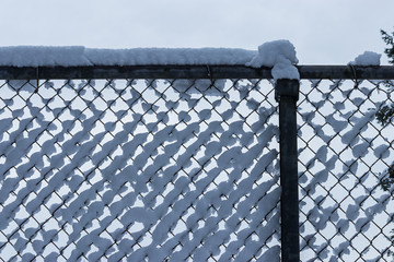 clumps of fluffy white snow collected in a fence