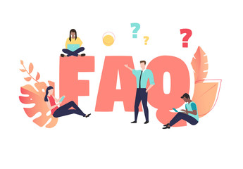 FAQ - frequently asked questions sign or poster with people on white background.