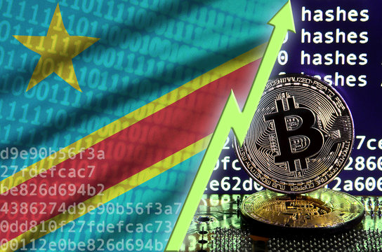 Democratic Republic Of The Congo Flag And Rising Green Arrow On Bitcoin Mining Screen And Two Physical Golden Bitcoins