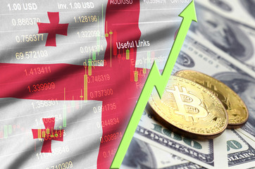 Georgia flag and cryptocurrency growing trend with two bitcoins on dollar bills