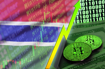 Gambia flag and cryptocurrency growing trend with two bitcoins on dollar bills and binary code...