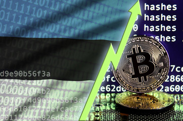 Estonia flag and rising green arrow on bitcoin mining screen and two physical golden bitcoins