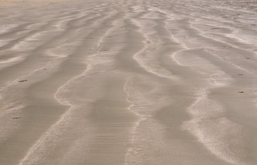 Background and texture photo of brown color sand with pile of sand from small crab and ripple shape from the sea on the beach.