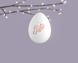 Easter lettering holiday minimal banner, Easter egg hanging on branch, 3d rendering