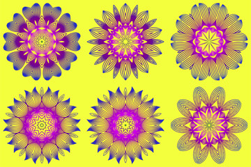 Set of Vector With Mandala Pattern. Repeating Sample Figure And Line. Modern Decorative Floral Color Mandala. Yellow purple color