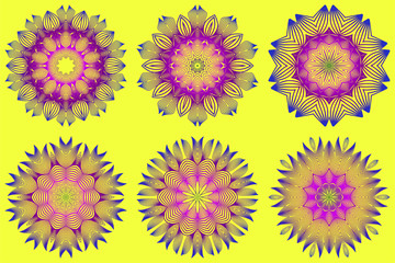 Set of Vector With Mandala Pattern. Repeating Sample Figure And Line. Modern Decorative Floral Color Mandala. Yellow purple color