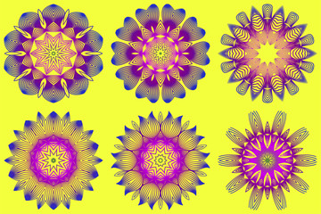 Set of Vector With Mandala Pattern. Repeating Sample Figure And Line. Modern Decorative Floral Color Mandala. Yellow purple color